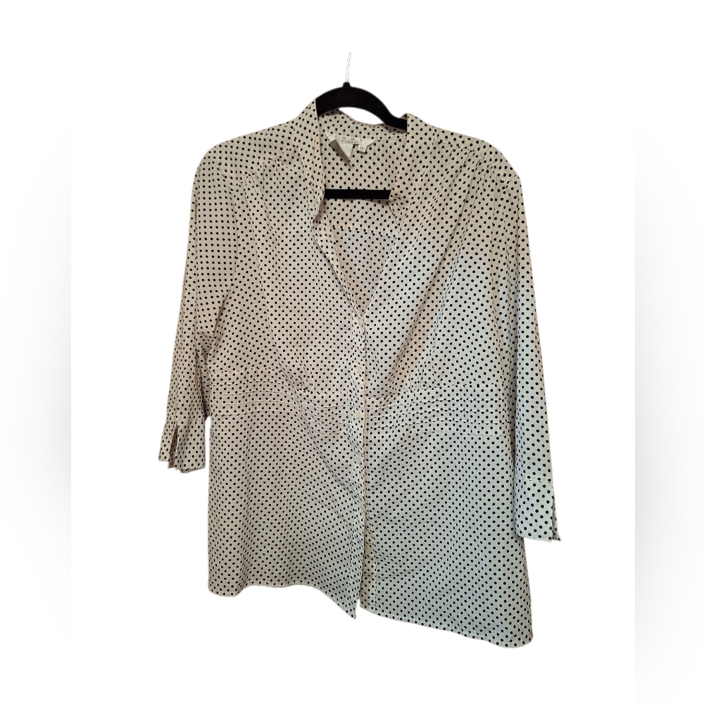 Como Women's Plus Size 1X Polka Dot Blouse Whimsical Boho Preppy Fitted White